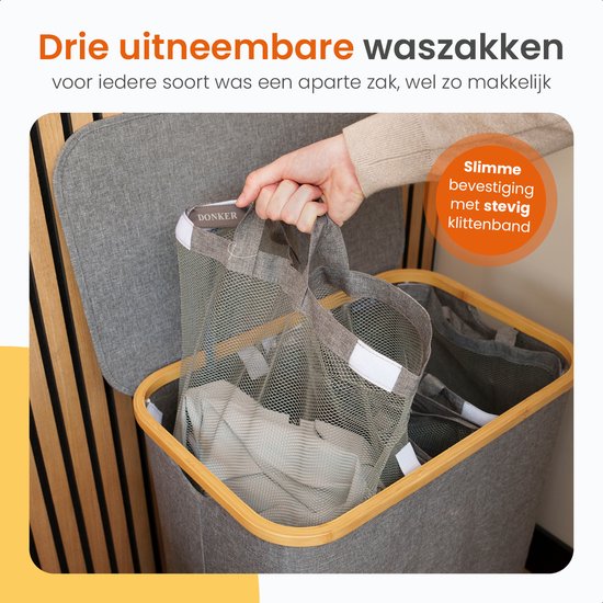 Goliving Wäschesortierer 3 Boxen - 150L - Faltbarer Wäschekorb mit Deckel - 3 herausnehmbare Taschen mit farbigen Etiketten - 57 x 37 x 66 cm - Grau