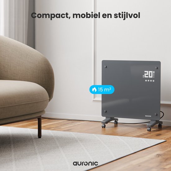 Auronic Electric Heater - Konvektor-Heizung mit Thermostat und Fernbedienung - Glasheizung - 1000W Heizung - Grau