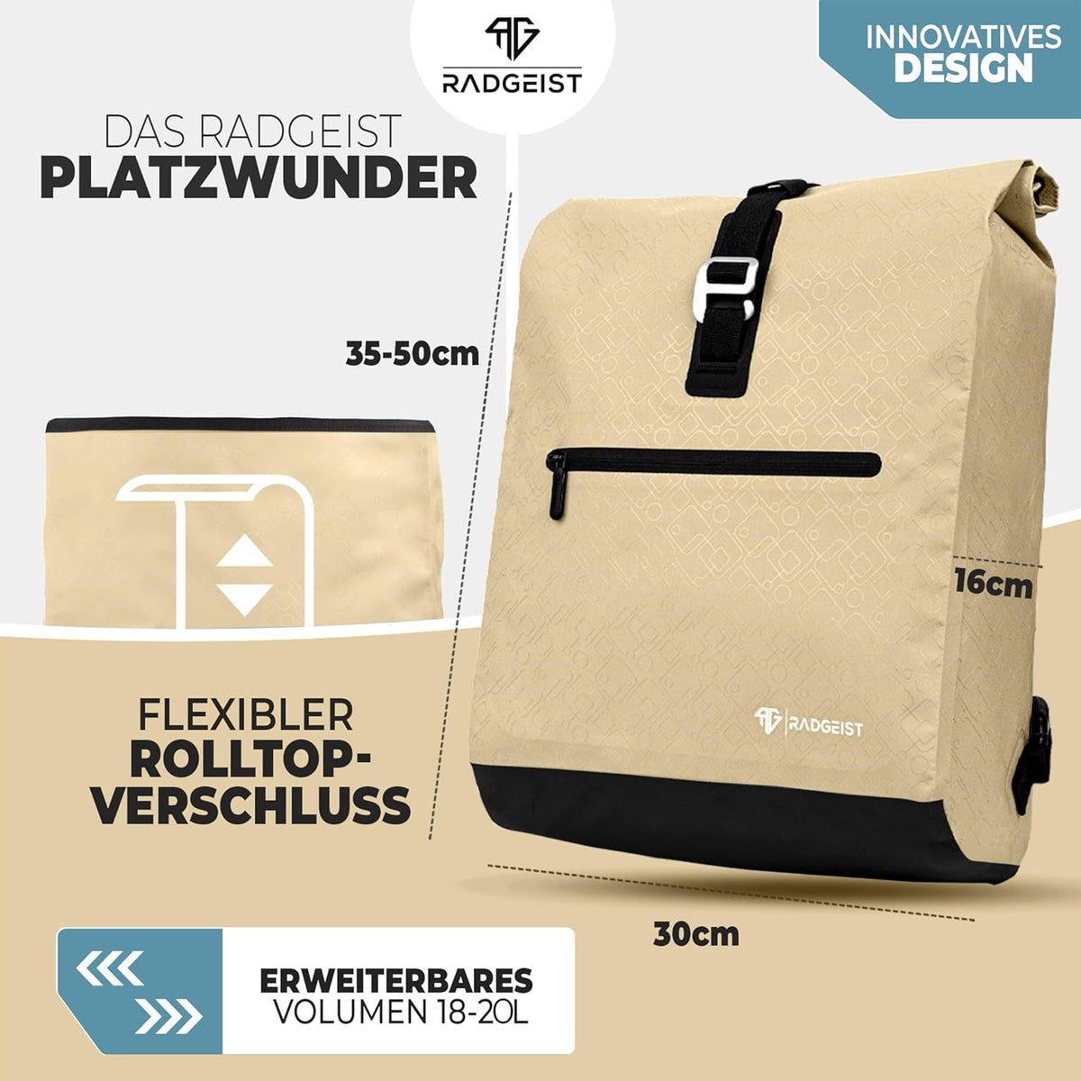 RADGEIST Fahrradtasche für Gepäckträger - Für Frauen & Männer - 20L - Beige