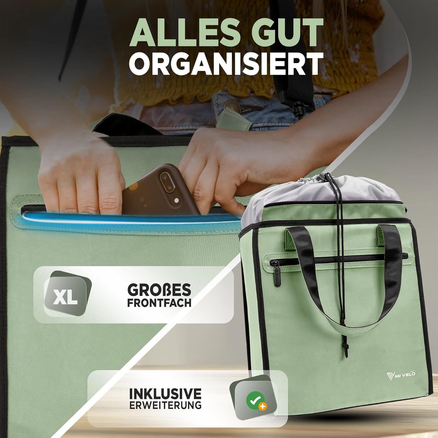 MIVELO 3-in-1-Fahrradtasche - Wasserdicht - Abnehmbare Kühltasche - 25L - Mint