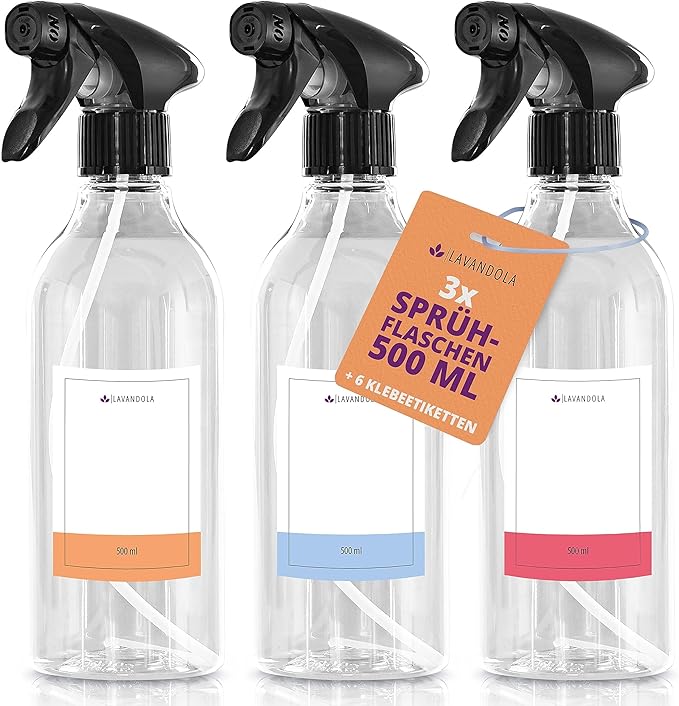 3 x Sprühflasche 500 ml mit Etiketten – gleichmäßiger und feiner Sprühstrahl, dichte und langlebige Sprühflasche für Pflanzen, kleine Sprühflasche für die Autopflege, Sprühflasche, 3er-Set Sprühflaschen