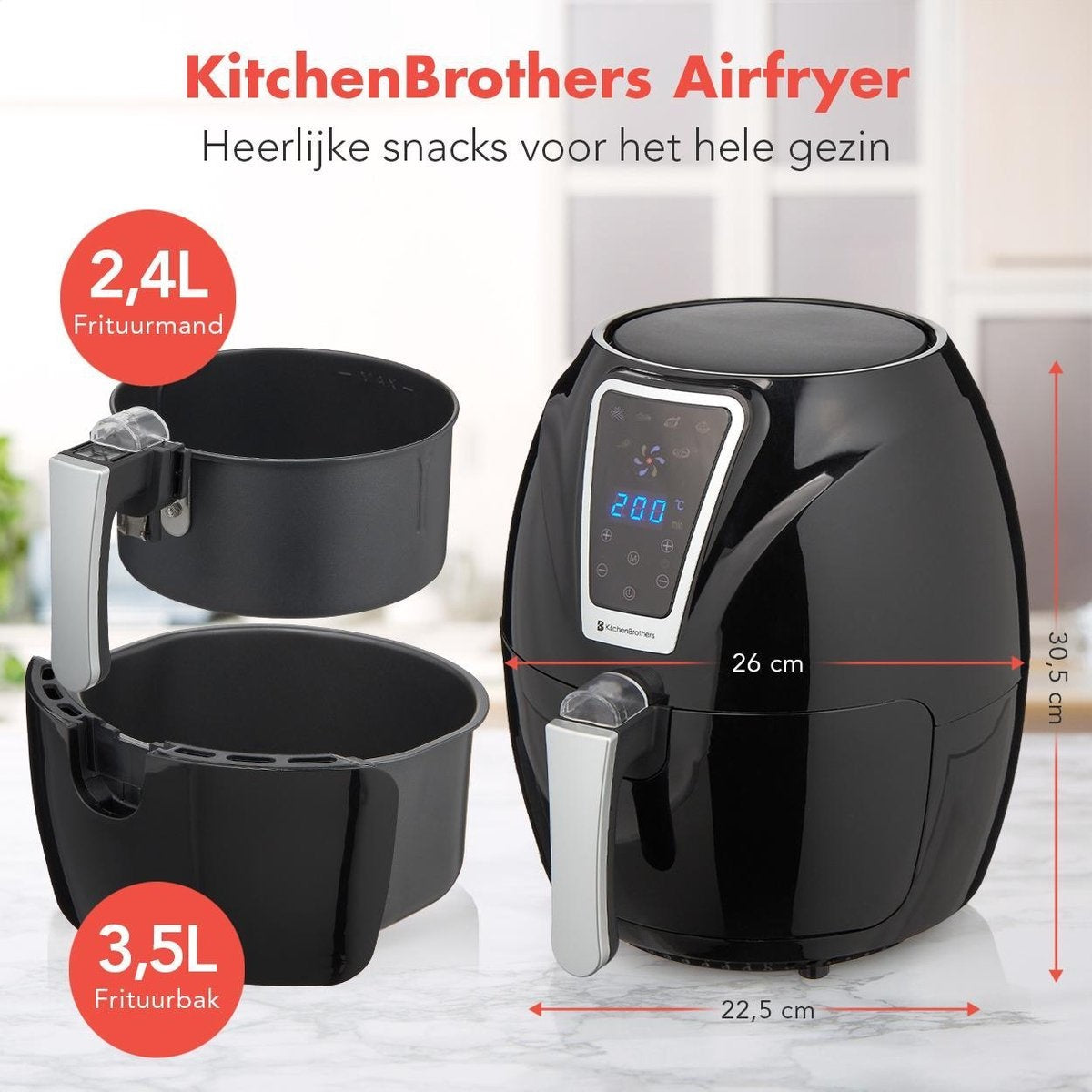 KitchenBrothers Heißluftfritteuse - Airfryer - Friteuse ohne Fett - 1300W - 3.5L - Schwarz