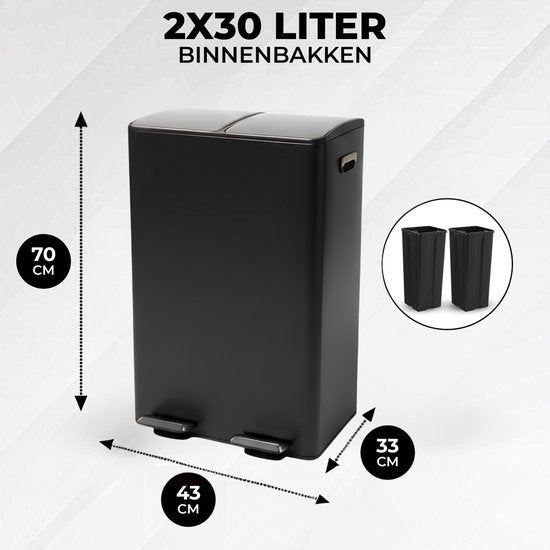 Bayt Mülleimer - Mülleimer 60 Liter (2x30) - Mülleimer 60 Liter - Treteimer 60 Liter - Mülleimer Mülltrennung - Mülleimer 2 Fächer - Mülleimer - Edelstahl - Schwarz/Silber