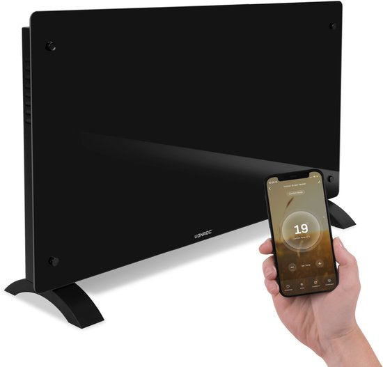 VONROC Luxury electric heater - Konvektorheizung mit Glasscheibe - 1250W/2500W- Beheizt Räume bis zu 30m2 - Gesteuert sowohl mit App (über Wifi) als auch manuell - Einstellbarer Thermostat und Timer - Schwarz