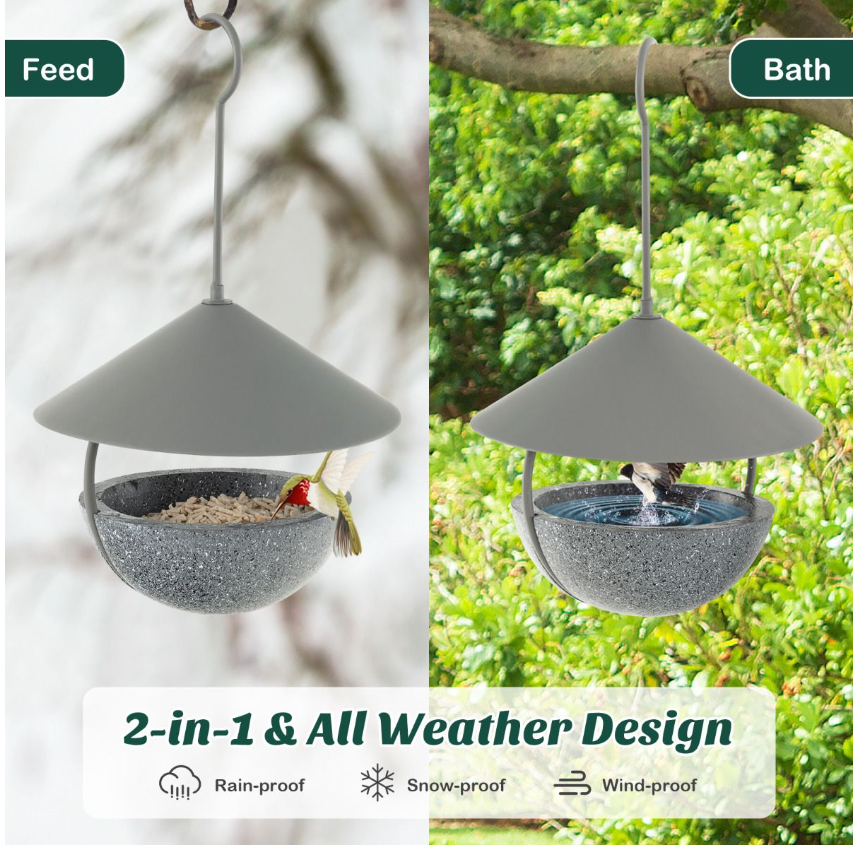 Coast - Vogelfutterspender Vogeltränke - 2-in-1 Spender, hängend - Ø 15,5 x H 35 cm - Harz/Metall - Grau