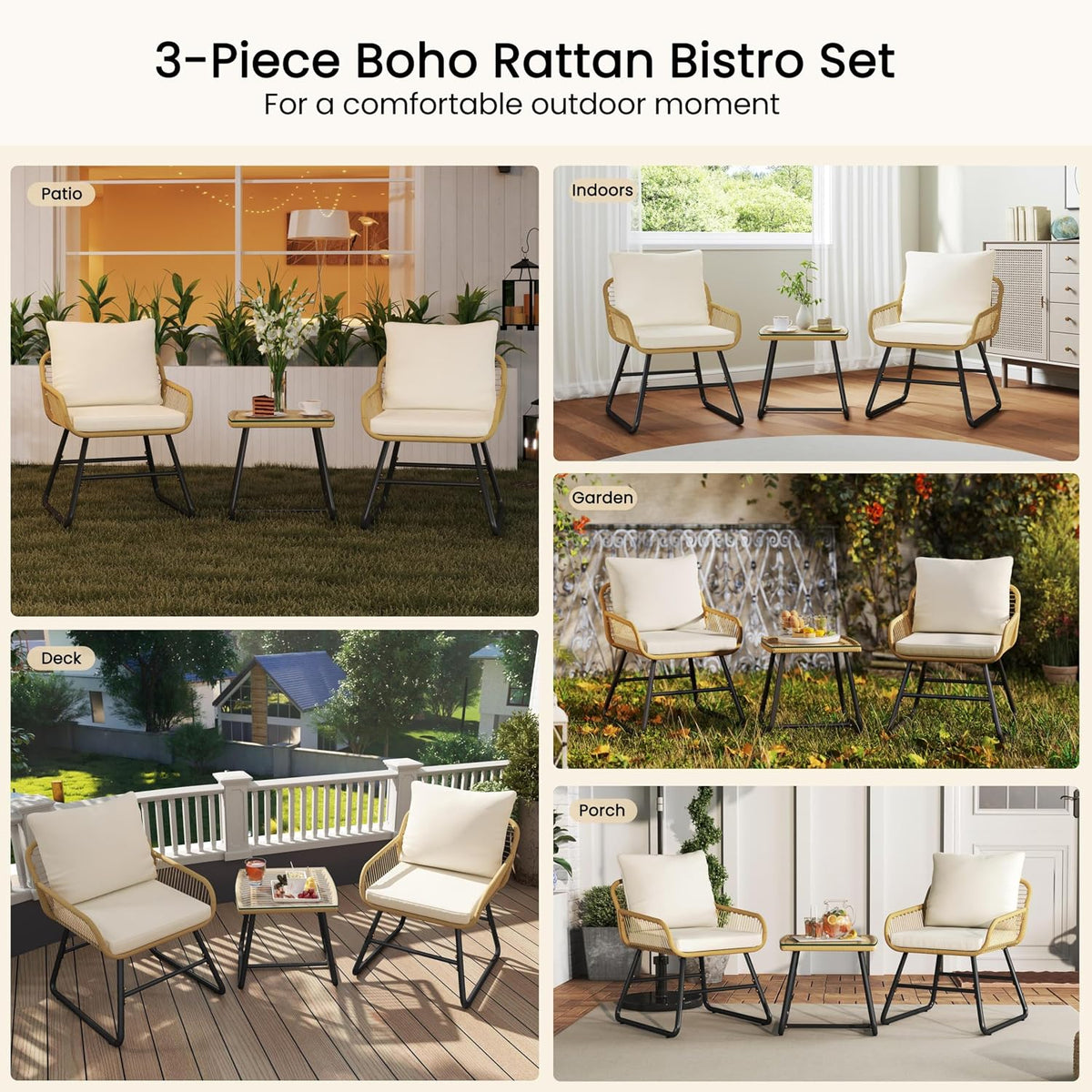 Yaheetech 3-teiliges Bistro-Set – inklusive Kissen und Glastisch – Beige/Creme