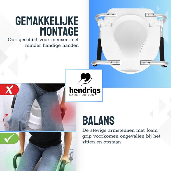 Hendriqs® WC-Sitzerhöhung 10 cm mit Armlehnen & Deckel – Toilettensitzerhöhung mit Armlehnen – Erhöhter Toilettensitz – Sitzverhöher für Erwachsene und Senioren – Höhenverstellbarer Toilettenstuhl – WC-Sitzverhöher – Toilettensitzverhöher