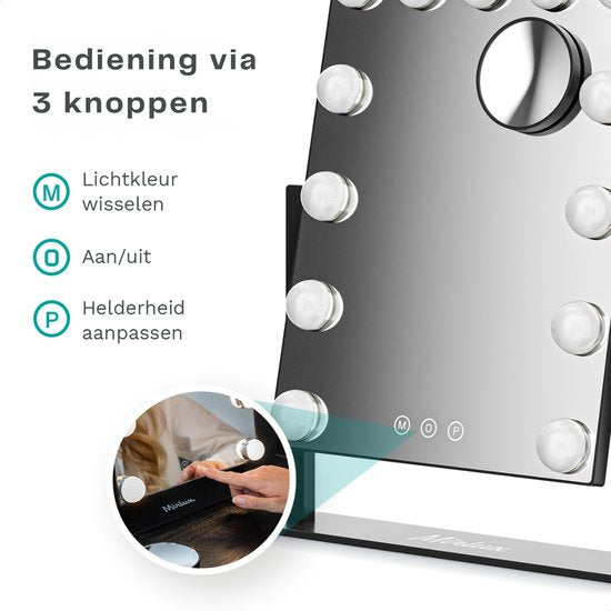 Mirlux Make Up Hollywood-Spiegel mit Beleuchtung (44x30cm) Vision - Dimmbare LED-Birnenbeleuchtung - 13 Lampen - Schwarz