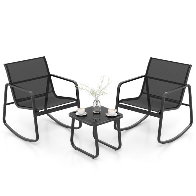 Coast 3-teiliges Schaukelset Balkonset mit 2 Stühlen - 72x61x80 cm - Tisch - 44x44x40 cm - Schwarz - Gartenmöbelset mit sanfter Schaukelbewegung