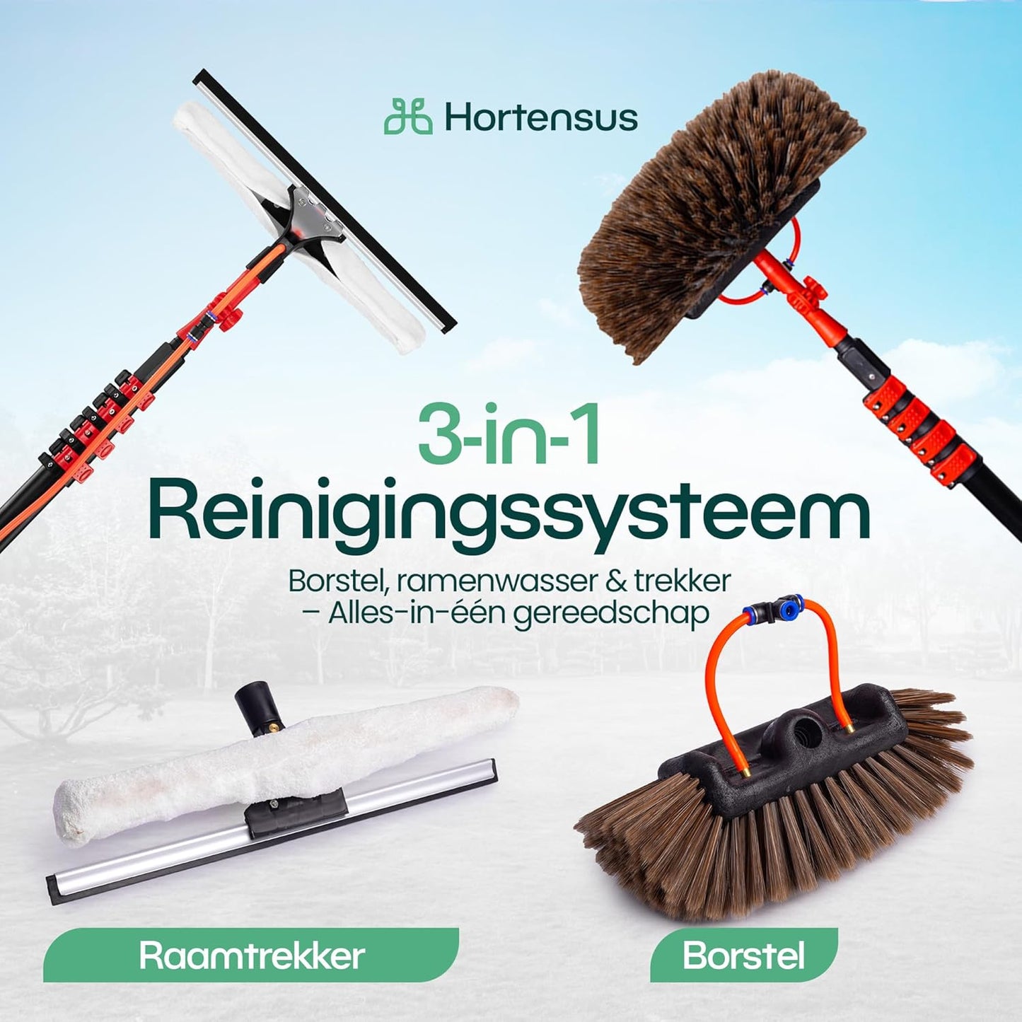 Hortensus Teleskop-Waschbürste - Mit Wasseranschluss und Seifenspender - 6,5 m lang