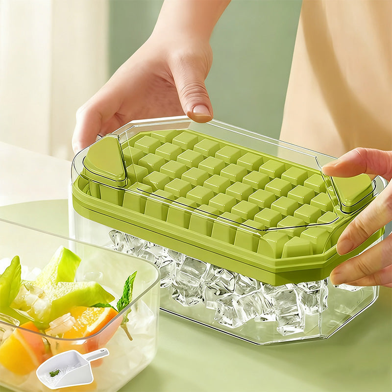 BJ grüne, doppelwandige, schräge Press-Eiswürfelform mit 100 Fächern, Eiswürfelbehälter aus Kunststoff
