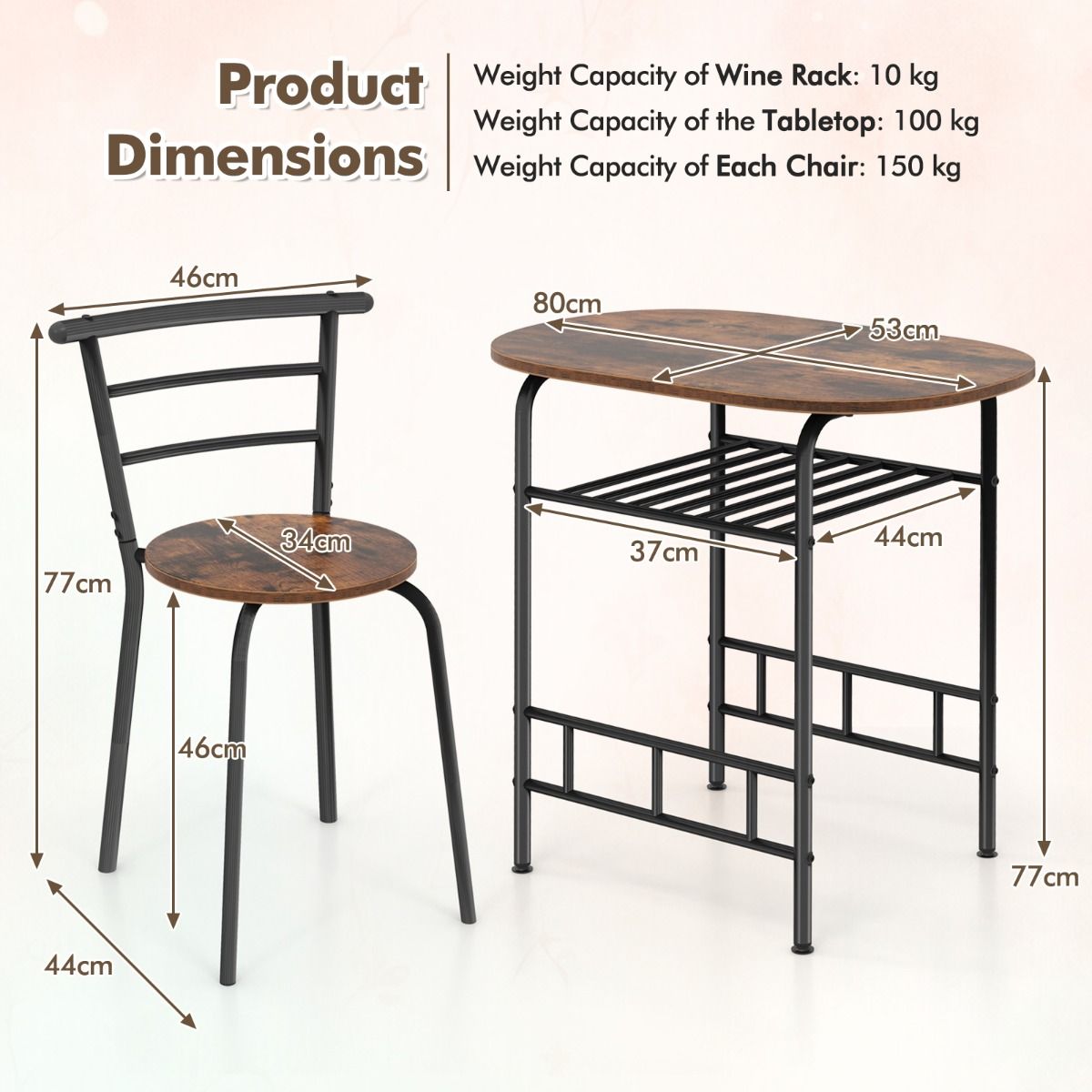 Coast Küchentisch und Stuhl Set für 2 Personen - Ovaler Tisch 80x53x77 cm mit 2 Stühlen, Weinregal, MDF und Metall, Braun/Schwarz