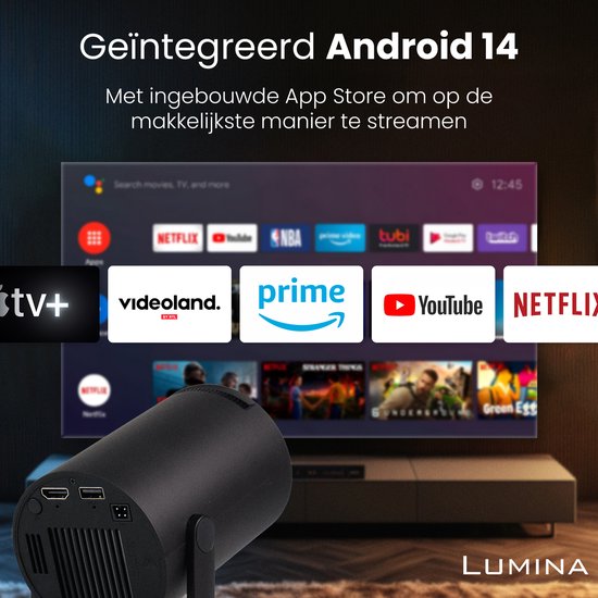 Lumina® Pro Mini Beamer 2026 - Android 14 Smart Projektor mit Google Playstore - Heimkino - Für iOS & Android - WiFi 6 & Bluetooth 5.4 - Schwarz