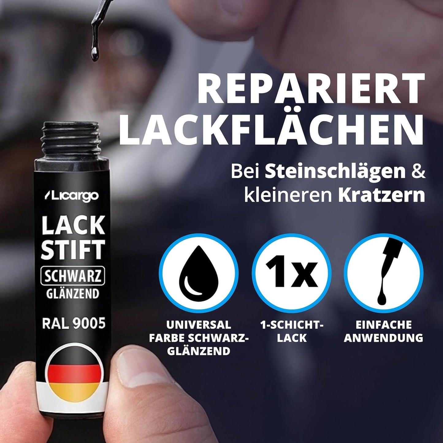 Licargo Lacquer Stick Car Black Gloss 12 ml - Präzisionspinsel - Schnell trocknende Reparatur von Kratzern und Steinschlägen