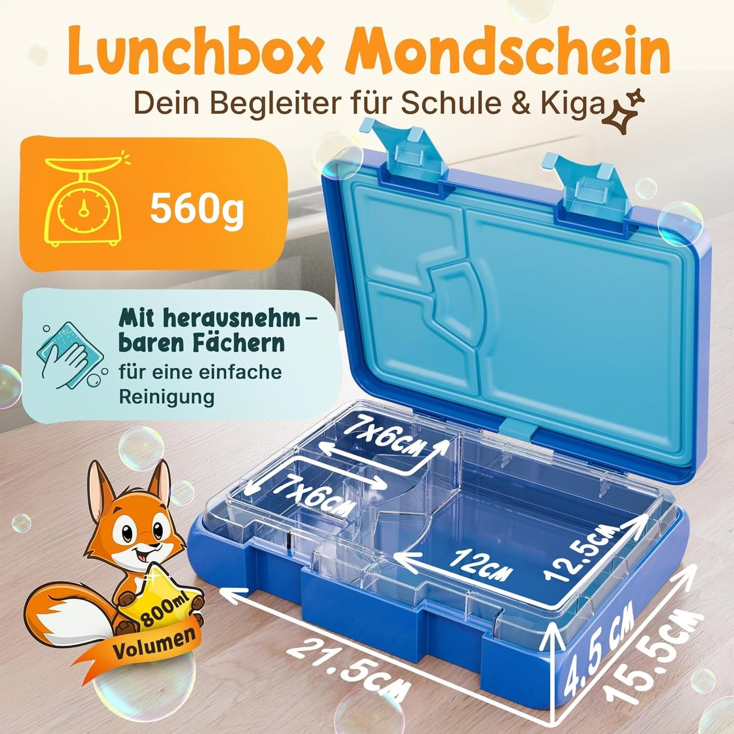 Funkelfuchs® Lunchbox kids - Mit Fach - 800ml - Groß - Für Schule und Kindergarten - Blau