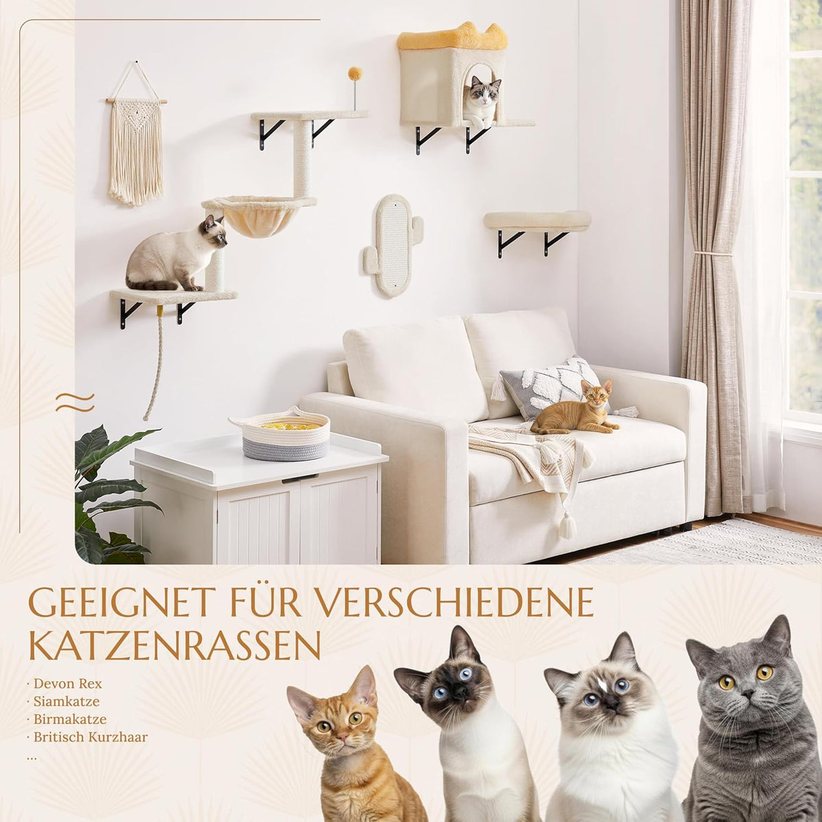 Yaheetech Kletterwand für Katzen - 4-teilig - mit Kratzbereich und Korb - Beige