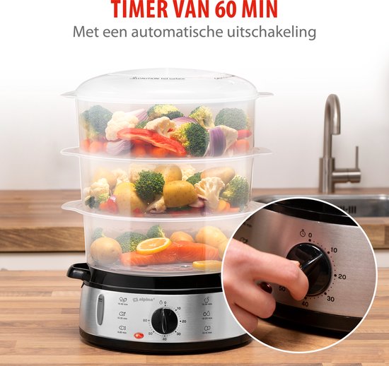 alpina Dampfgarer 9 l – Dampfgarer 800 W – Dampfgarer mit Timer und Warmhaltefunktion – 3-Etagen-Gemüsedampfgarer – Dampfgarer für Gemüse, Reis, Hähnchen, Obst, Fisch und Eier – Edelstahl