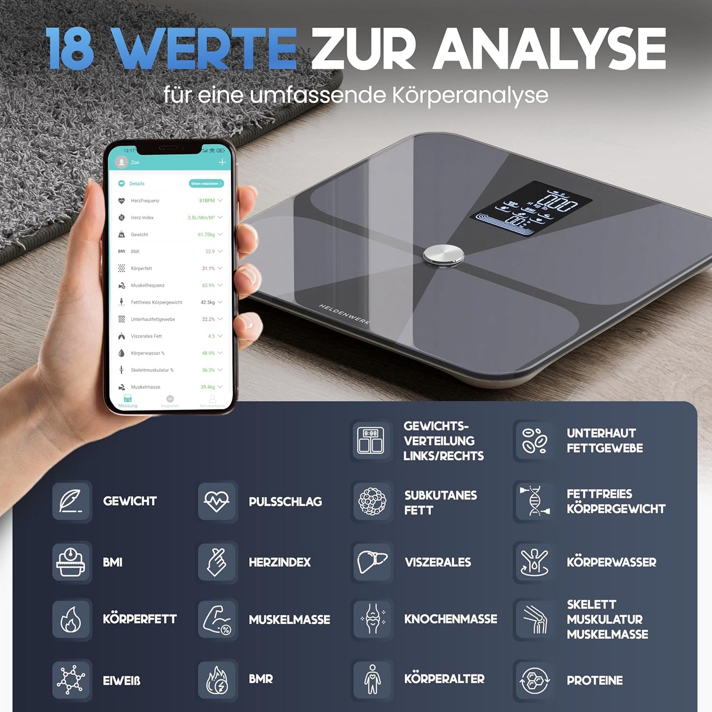 Herowerk Personenwaage - Digital - 180KG - Körperanalyse - Schwarz/Dunkelgrau