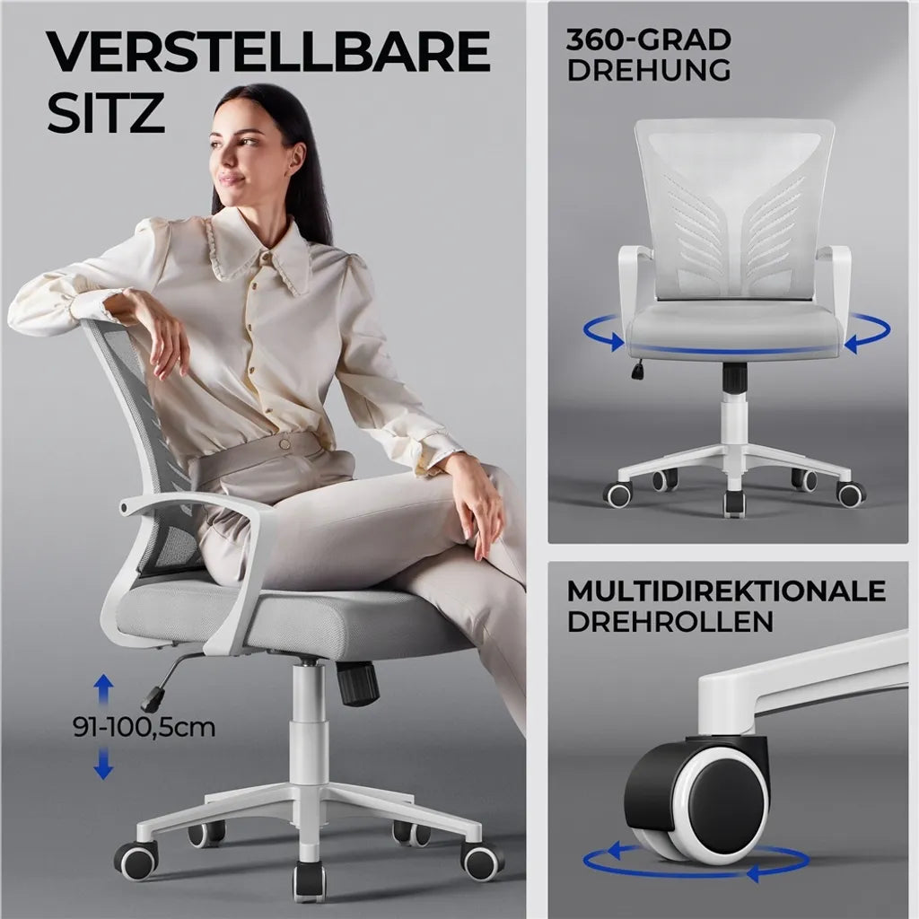 Yaheetech Bürostuhl - Ergonomisch - Hellgrau - Verstellbar