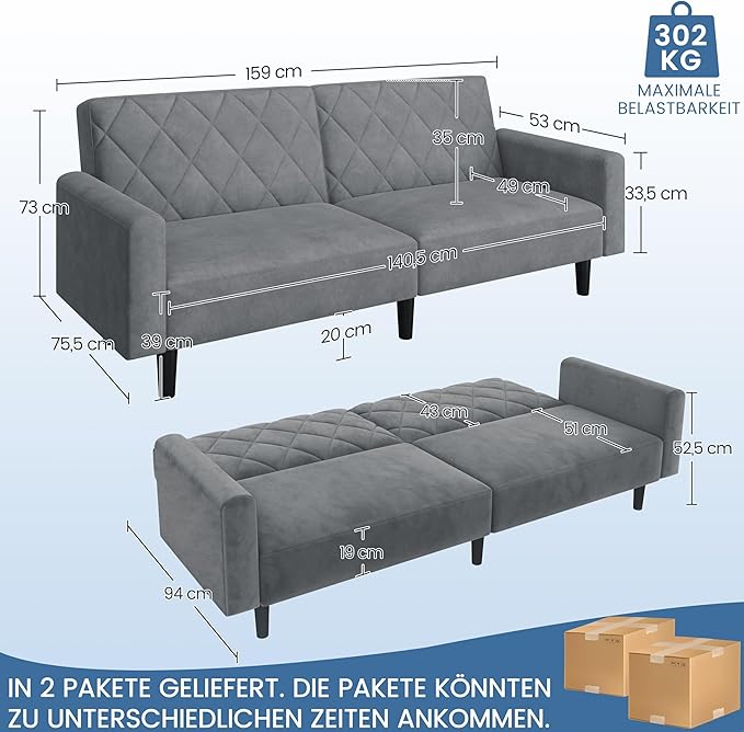Yaheetech 2-Sitzer Sofa Dunkelgrau - Samt - 159 cm breit - Liegefläche 140,5 x 94 cm