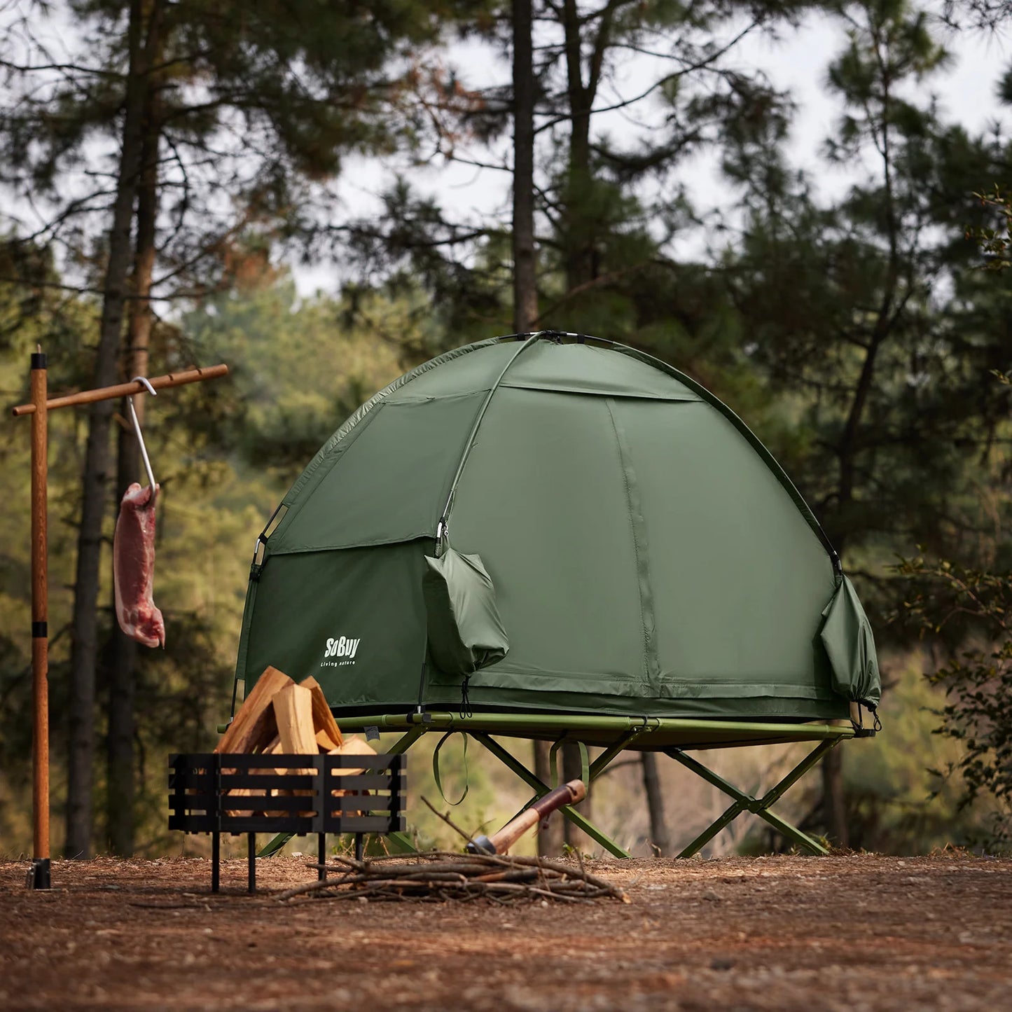SoBuy OGS32-II-GR 1-Personen-Campingzelt, dunkelgrün – 2-in-1 mit Lampenhaken und Schuhfächern, 193 × 161 cm