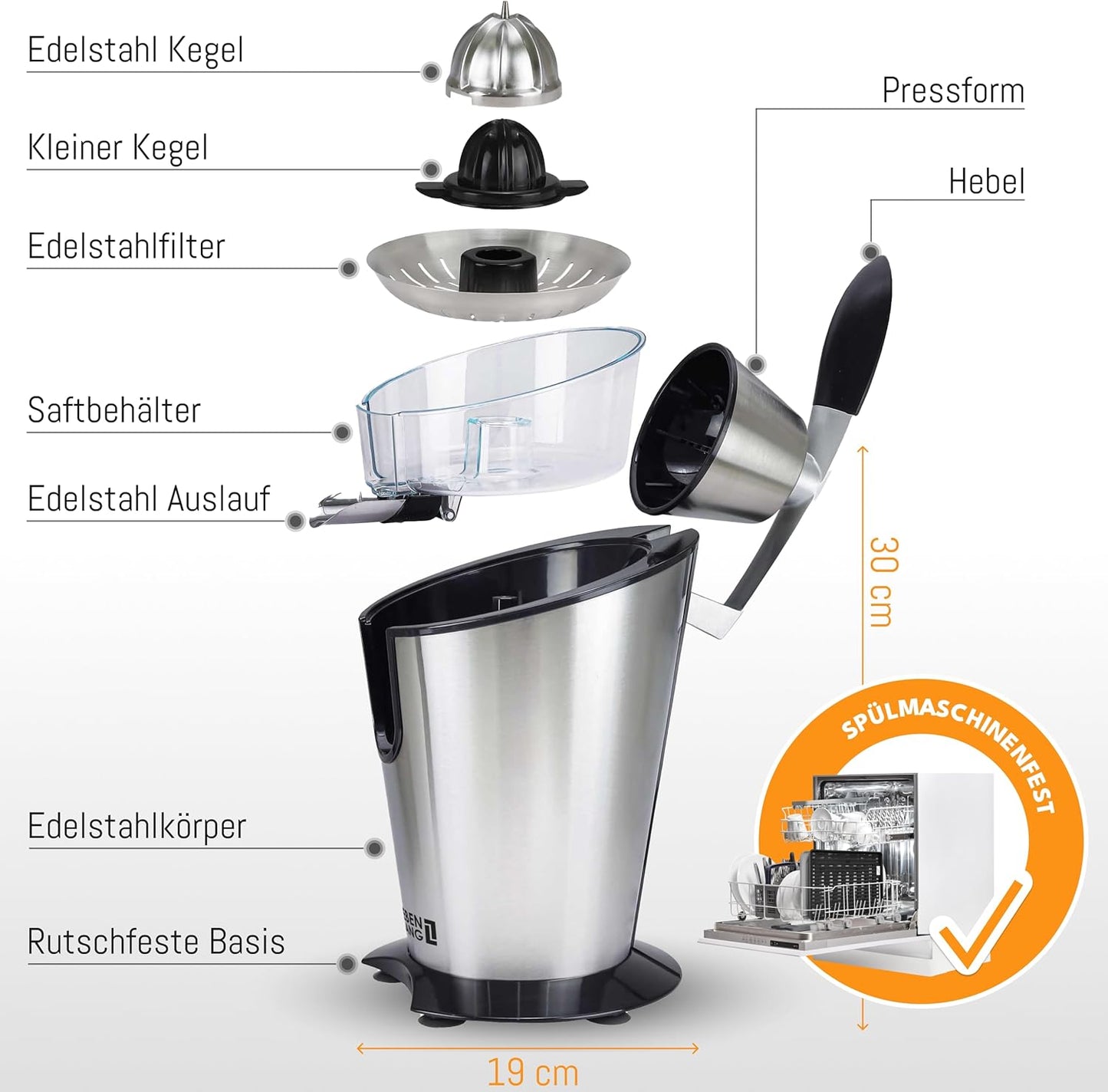 LEBENLANG Elektrische Zitruspresse - Bis zu 400ml - 600W - 20 x 20 x 31 cm - Silber