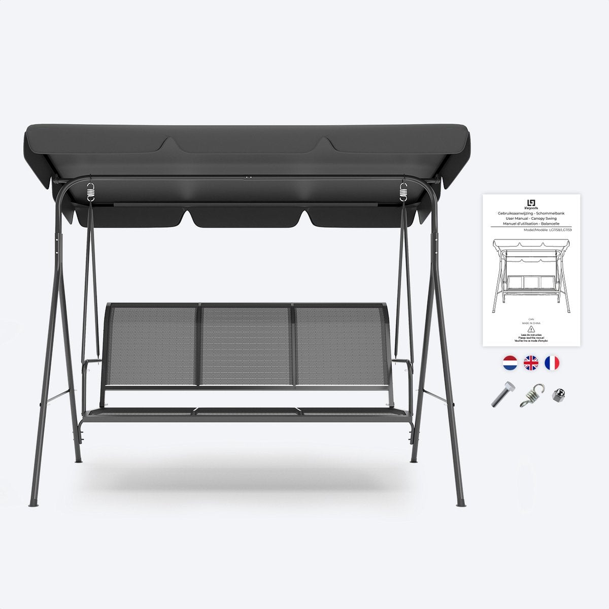LifeGoods Schaukelbank - 3-Sitzer - Bis zu 250KG - Kippbares Dach - UV-beständiger Sonnenschirm - 172x104x162cm - Grau