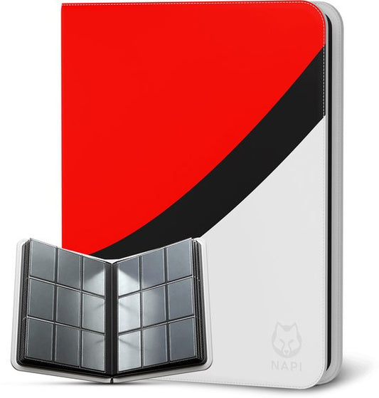 NAPI Toploader Pro-Ordner für 288 Karten – Premium-Sammelordner mit Toploadern und Reißverschluss – Sammelkartenordner – 9 Fächer – Kunstleder – Rot/Weiß