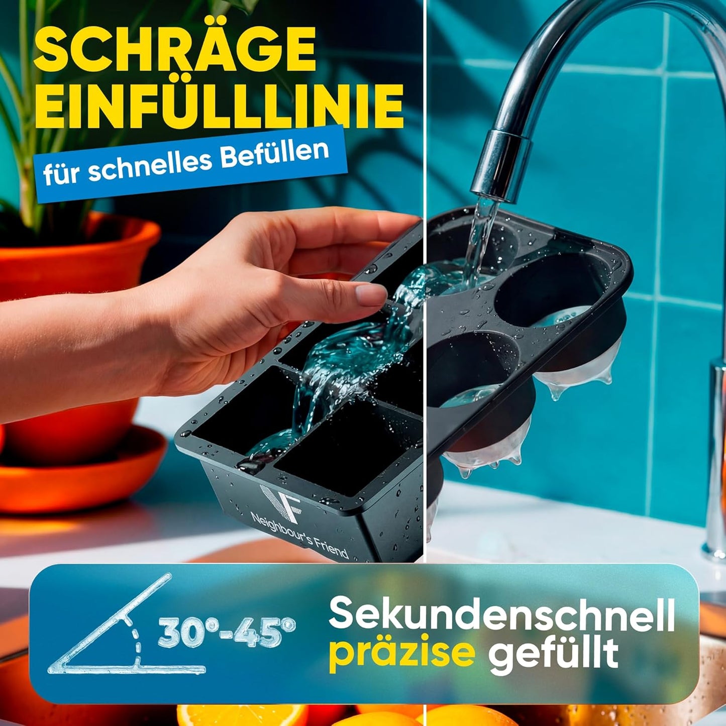 Neighbour's Friend - Patentierte XXL Eiswürfelform Platinum - runde große Eiswürfelform für Cocktails, Gin & Drinks - 6 Eiskugeln + 6 klassische Eiswürfel