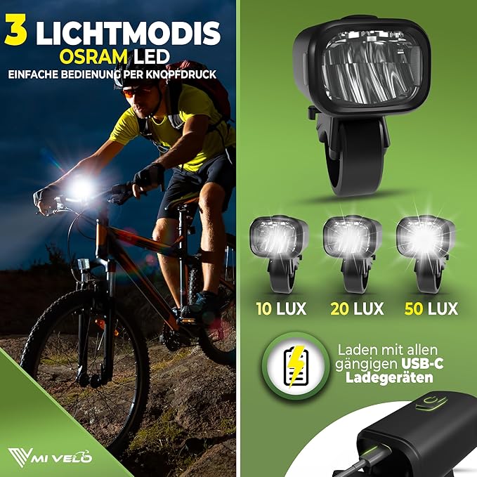 MIVELO Fahrradlicht-Set - USB aufladbar & wasserdicht - 100 Lux - Smart One