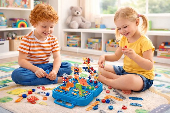 Eddy Toys Bausatz mit Baukasten inkl. Spielzeugbohrmaschine – Konstruktionsspielzeug mit 298 Teilen – Dinosaurier-Spielzeug – Montessori-Spielzeug zum Einstecken – Lernspielzeug