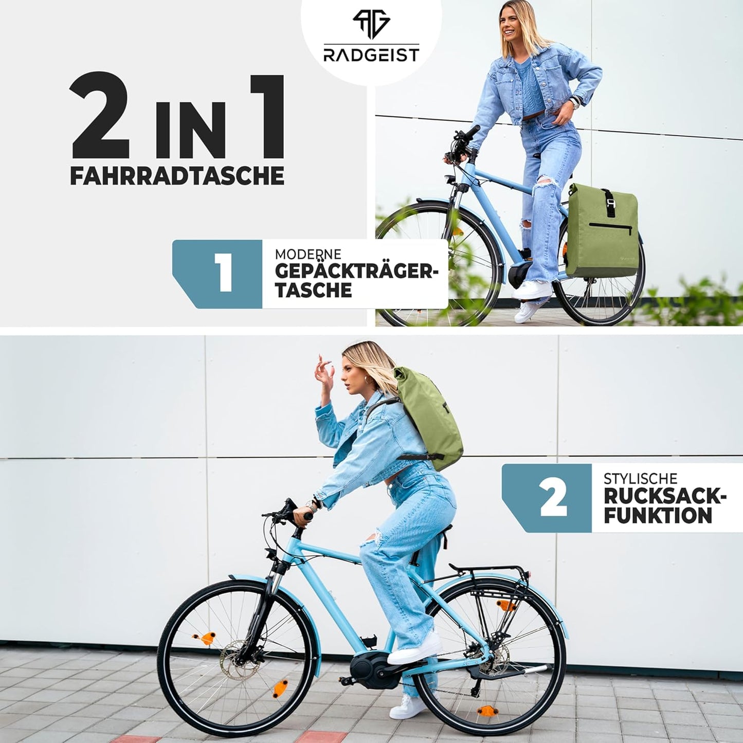 RADGEIST Fahrradtasche - Für Gepäckträger - Für Frauen & Männer - Umhängetasche - 20L - Grün