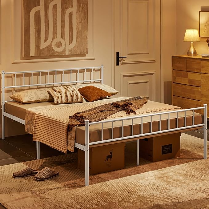 Yaheetech Metallbett 160 x 200 cm – Weiß – 200 x 166 x 88,5 cm – Mit Kopf- und Fußteil