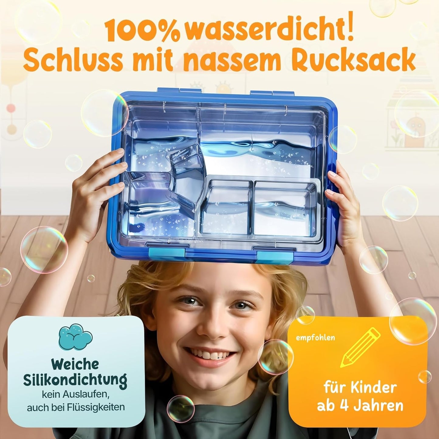 Funkelfuchs® Lunchbox kids - Mit Fach - 800ml - Groß - Für Schule und Kindergarten - Blau