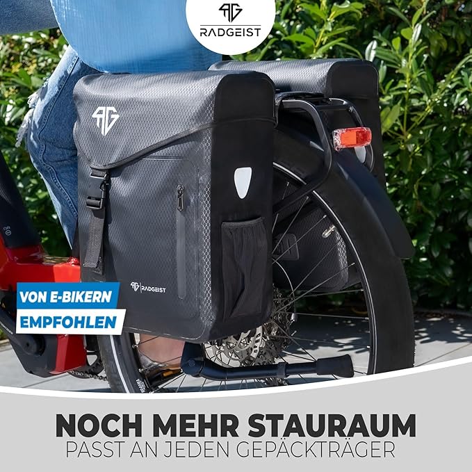 RADGEIST Gepäckträgertasche 100% wasserdicht I Doppeltasche Fahrrad 50 Liter - Doppelträgertasche mit einfacher Befestigung