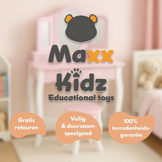 Maxx Kidz Kinderschminktisch mit Spiegel – Rosa Kinderschminktisch aus Holz mit Hocker – Schminktisch für Kinder – Spielzeug für Mädchen ab 3 Jahren