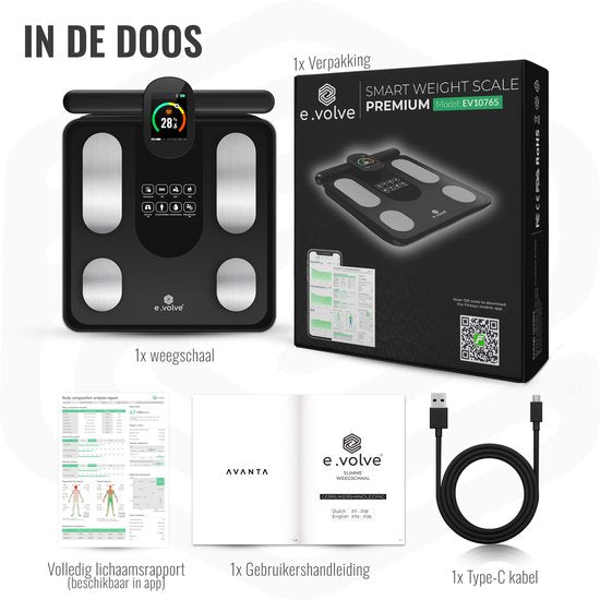 e.volve X11 Waage – Digitale Personenwaage – Intelligente Waage mit 32 Körperanalysen – Über USB aufladbar – Inkl. App & Tragegriff