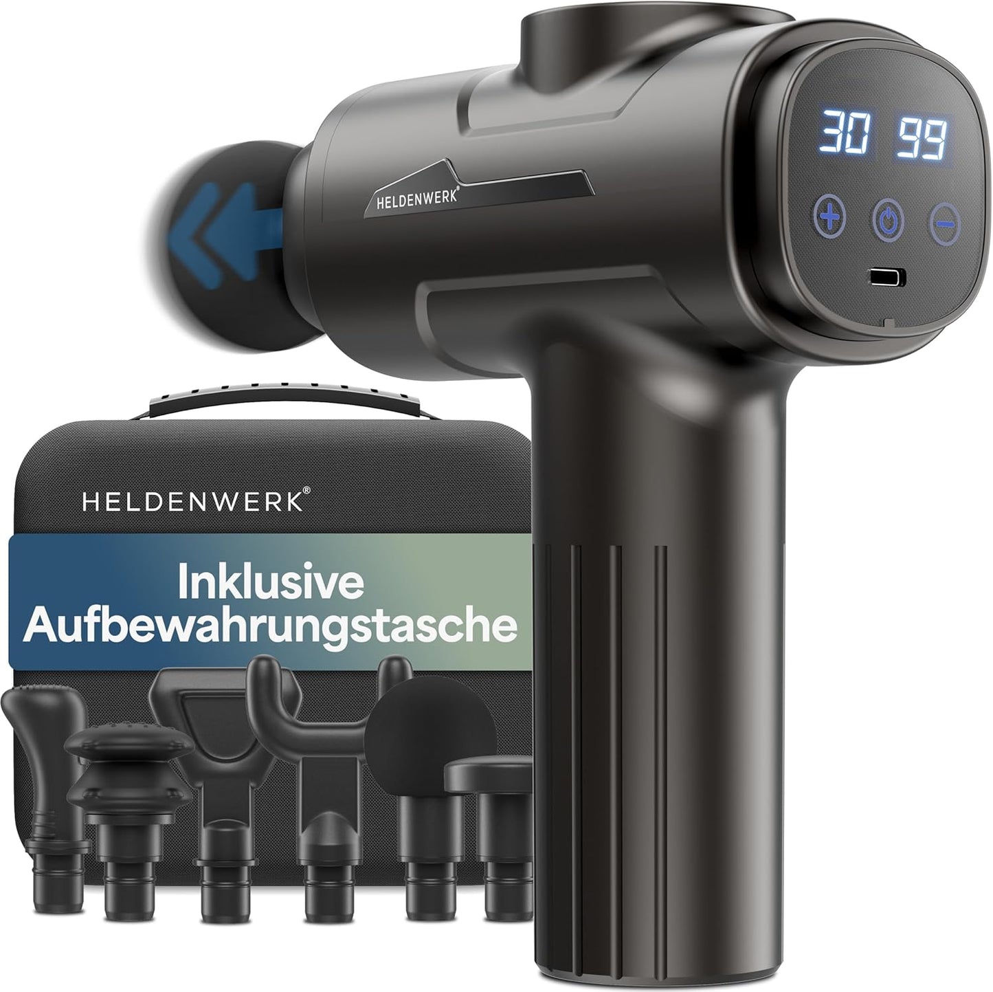 Heroism Massage Gun - 6 Massageköpfe - 30 Geschwindigkeiten - USB-C - Grau