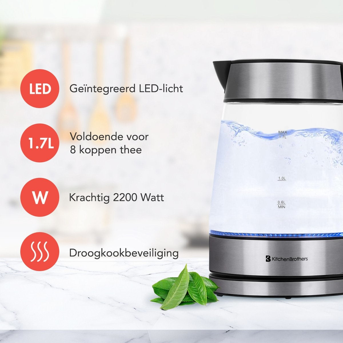 KitchenBrothers - Elektrischer Wasserkocher - Retro - 1,7L - mit Filter - 2200W - Glas - rostfreier Stahl