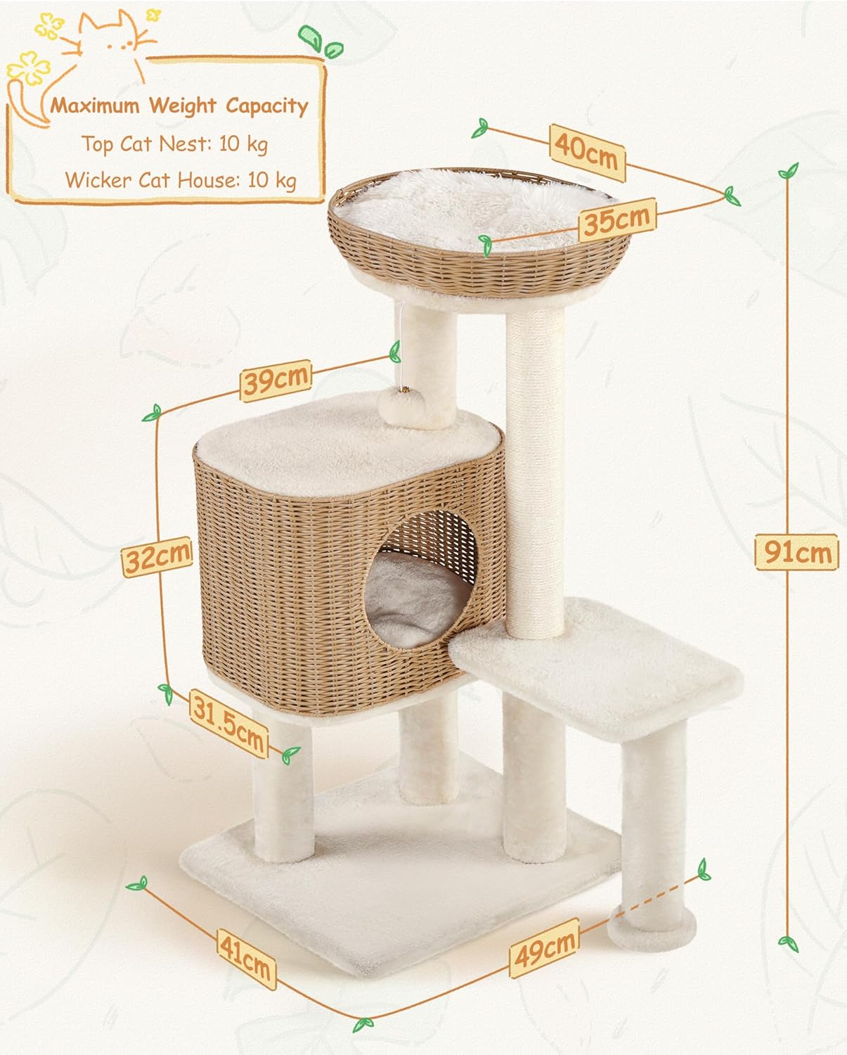 Yaheetech Katzenpfosten mit Rattan-Katzenhaus - 49 x 41 x 91 cm - ausgestattet mit Luxus-Katzenkorb und Sisal-Kratzern und weichen herausnehmbaren Matten - für Kätzchen und erwachsene Katzen - Beige Rattan und Plüsch