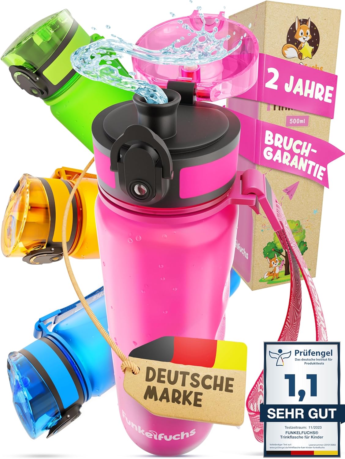 Funkelfuchs® Kindertrinkflasche - 500ml, rosa - mit Kohlensäure - 100% auslaufsicher - Wasserflasche spülmaschinenfest - für Kindergarten, Einschulung, Schule, Sport