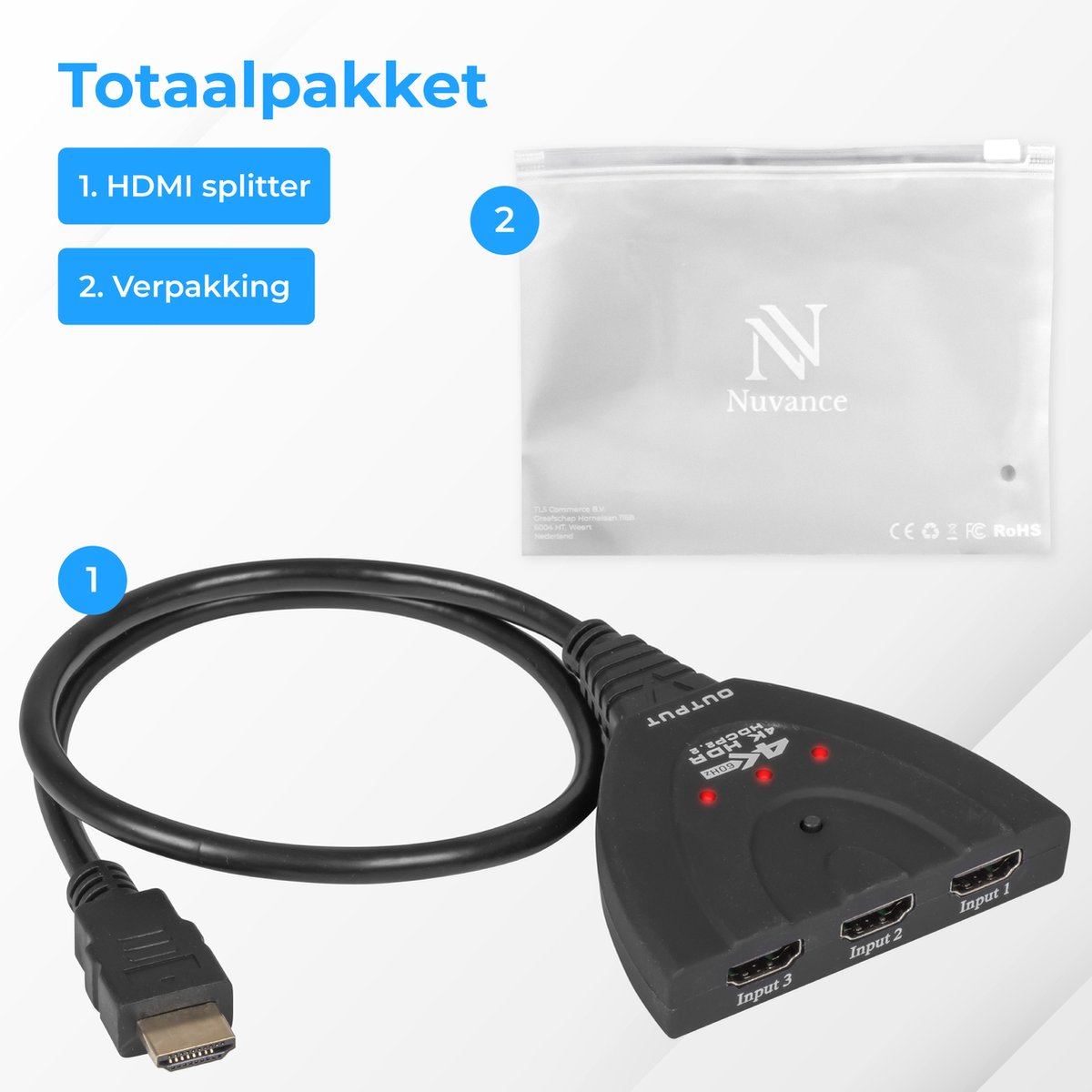 Nuvance HDMI-Umschalter - 3 Eingänge, 4K 60Hz-Unterstützung - 60 cm - Schwarz