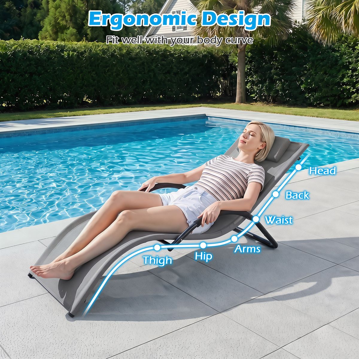 Coast Gartenliegestuhl – ergonomisches Design – abnehmbare Kopfstütze – grau – 1 Stück