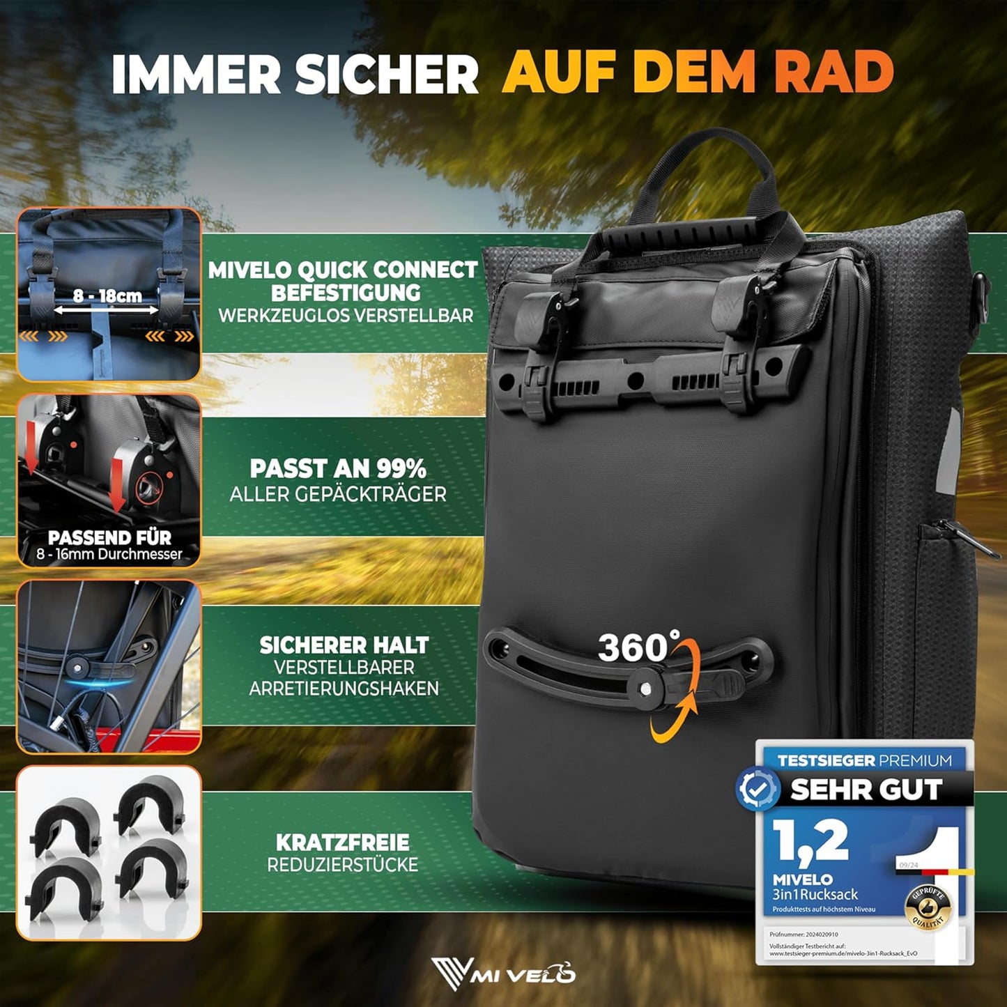 MIVELO 3-in-1 Packtasche, Rucksack und Umhängetasche - Wasserdicht - 25L - Mit Laptop-Fach & Schnellumwandlungsfunktion - Schwarz reflektierend