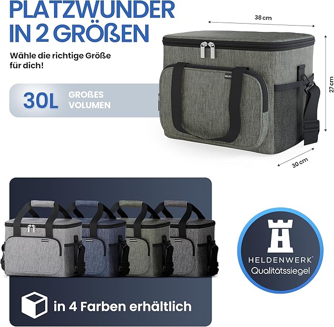 Heroism Große faltbare Kühltasche - Isolierte Kühltasche, Thermotasche, auslaufsicher und wasserdicht - Picknick- und Lunch-Tasche - 30 L - Dunkelgrau