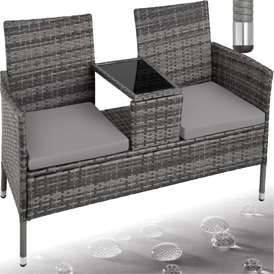 tectake - Geflecht-Gartenbank mit Tisch, 2-Sitzer-Bank, 131 x 61 x 82 cm, Bank für Gartenbalkon und Terrasse, Gartenbank inklusive Sitzkissen - grau/hellgrau - Poly-Rattan