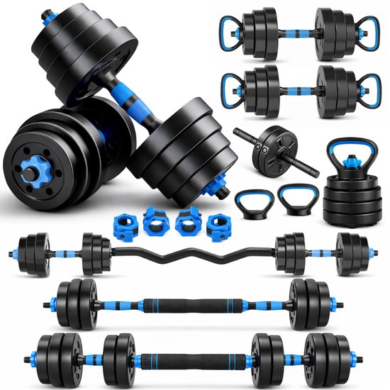 Sportfloww Hanteln 28,5 kg – Hantelset – Gewichtsset mit Kettlebell, Langhantel, EZ-Curlstange und AB-Roller – Verstellbare Hanteln