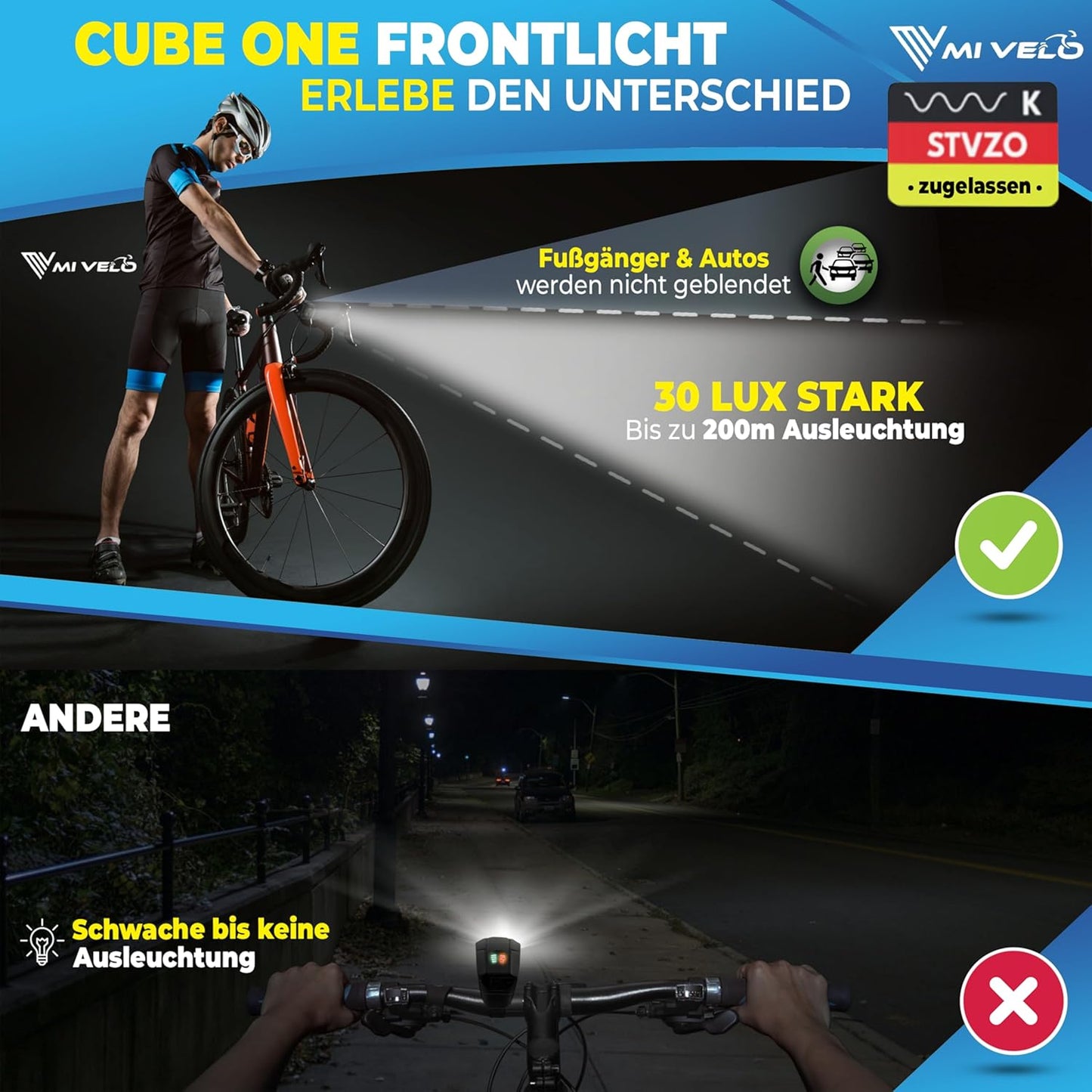 Mivelo Fahrradlicht-Set - LED Vorder- und Rücklicht - USB aufladbar - wasserdicht