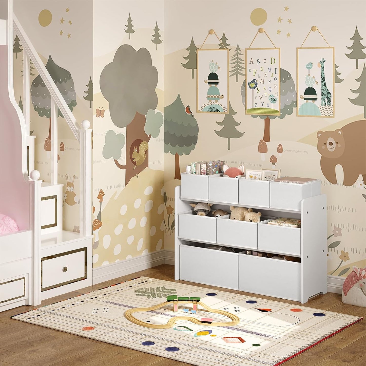 Lestarain Spielzeugregal für Kinder Weiß - Aufbewahrungsschrank mit 9 Spielzeugboxen - Kinderzimmer & Spielzimmer Organizer - 92 x 30 x 68 cm