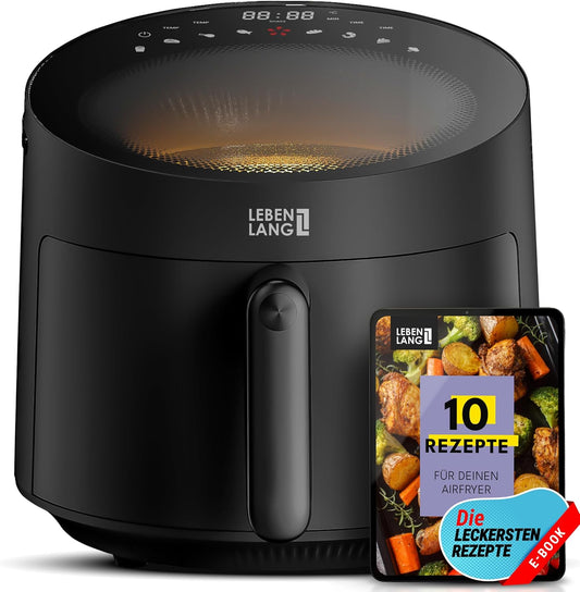 LEBENLANG Airfryer 5L & 1500W - 8 Programme - Inklusive Rezeptbuch - 45 x 30 x 27 cm - Schwarz